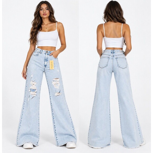 Risen By Los Angeles Denim - Risen High Rise Distressed Wide Leg Jeans With Raw Frayed Hem Size 15/32